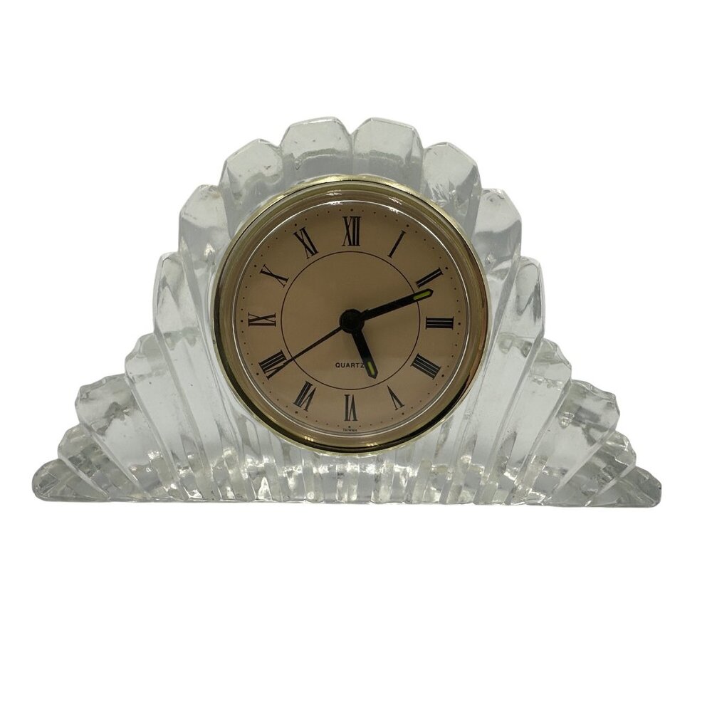 Tabletop Vintage Quartz Clock With Roman Numerals & Clear Molded Crystal Base